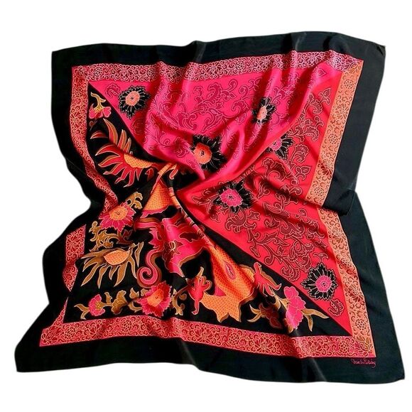 Diane Von Furstenberg Silk Scarf Asian Dragon Floral Black Magenta 34" DVF - Picture 3 of 14